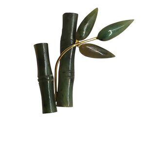Vintage Jade Bamboo & Leaf Brooch Pin Retro Jewelry Gold Tone 80's 70's 90's